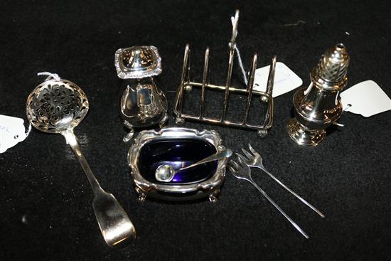 Silver toast rack, three silver condiments, Vict silver sifter spoon, pair of cocktail forks, etc